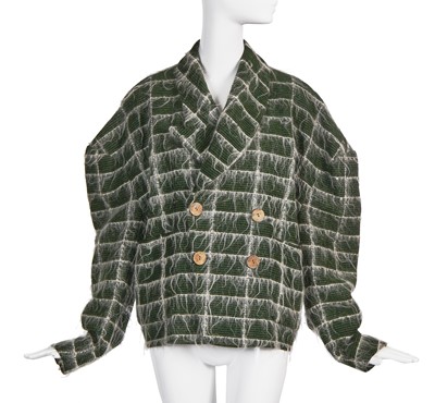 Lot 277 - A rare John Galliano green Linton tweed jacket, 'The Ludic Game' collection, Autumn-Winter, 1985-86