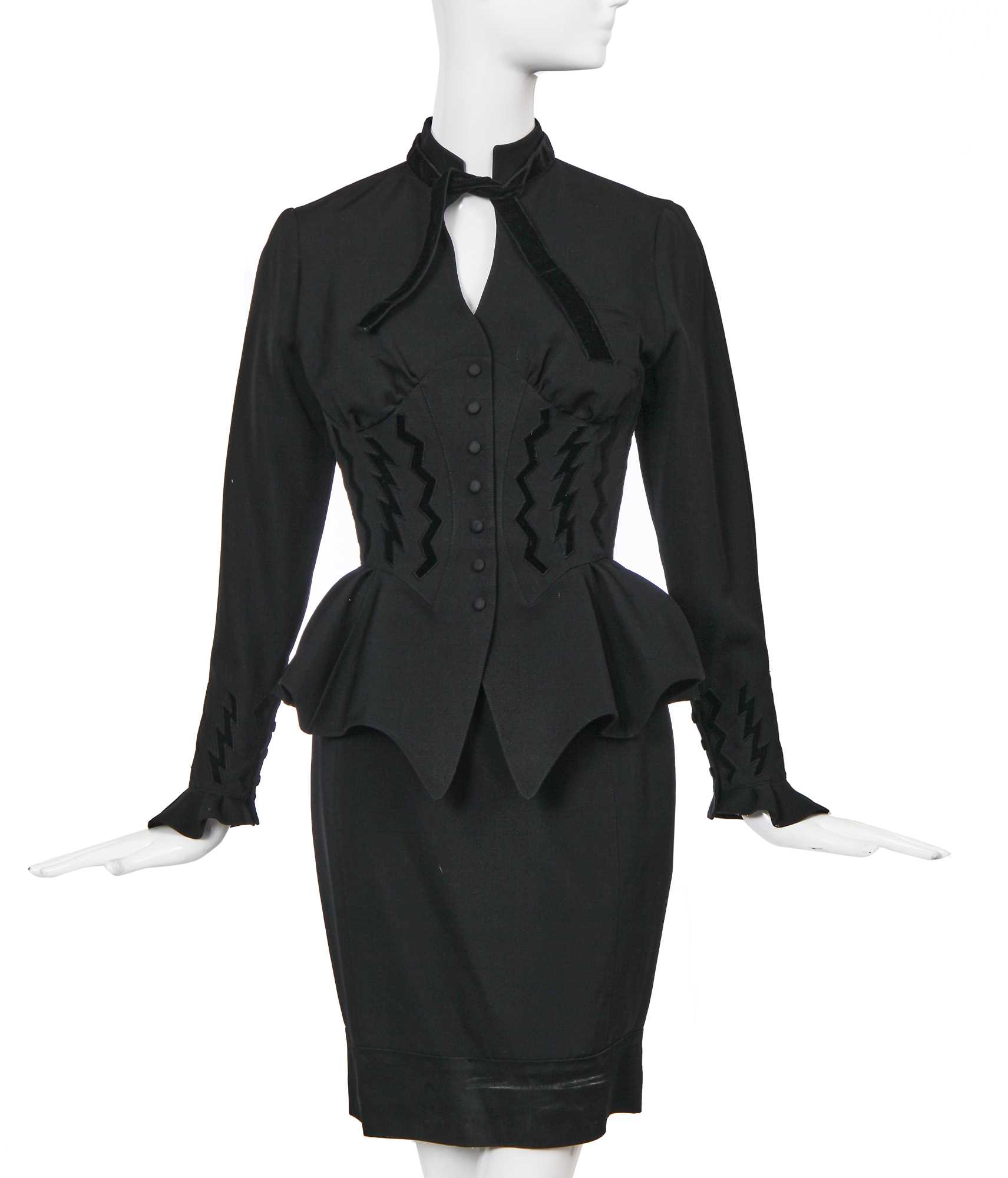 Lot 141 - A Thierry Mugler black cotton gaberdine and velvet suit, circa 1990