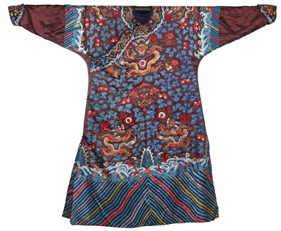 Lot 427 - A woman's embroidered brown silk ground dragon robe, jifu, Chinese, circa 1900