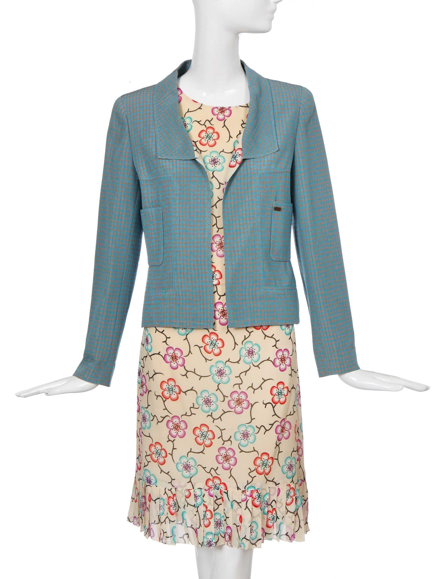 Lot 53 - A Chanel teal cotton-blend and printed silk ensemble, Spring-Summer 2001