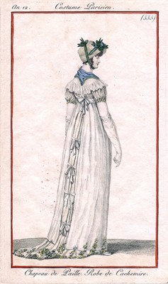 Lot 36 - A rare embroidered white spotted muslin tablier dress, French, circa 1802