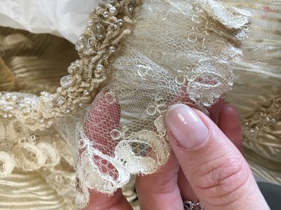 Lot 60 - A striped gold silk gauze ball gown, English, circa 1810