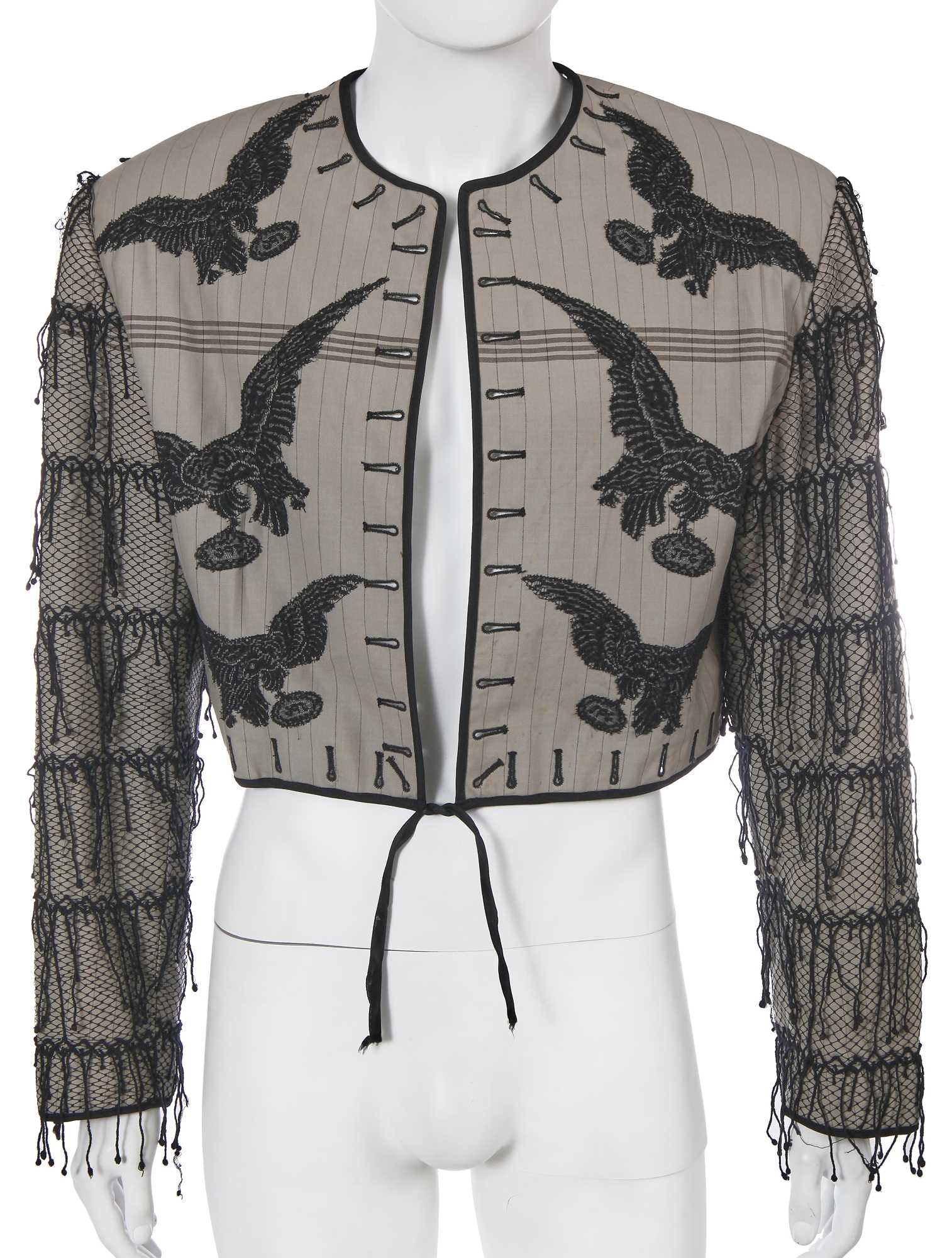Lot 102 - A rare Jean Paul Gaultier men's beaded pinstripe jacket, ‘La Concierge Est Dans L'Escalier/The Modern Retros’ collection, Spring-Summer 1988