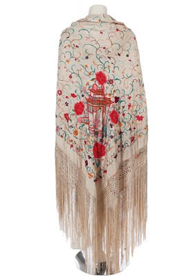 Lot 688 - An embroidered ivory silk shawl, Cantonese for the European market, 1920s