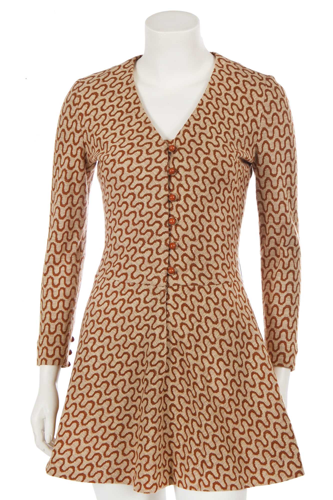 Lot 556 - Mary Quant's own Mary Quant brown wool 'squiggle' dress, 1968