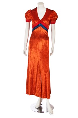 Lot 554 - Mary Quant's own Mary Quant orange, red, and blue velour maxi dress, circa 1970
