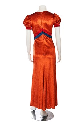 Lot 554 - Mary Quant's own Mary Quant orange, red, and blue velour maxi dress, circa 1970