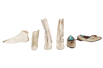 Lot 671 - Three pairs of shoes and assorted stockings dating from the 1840s