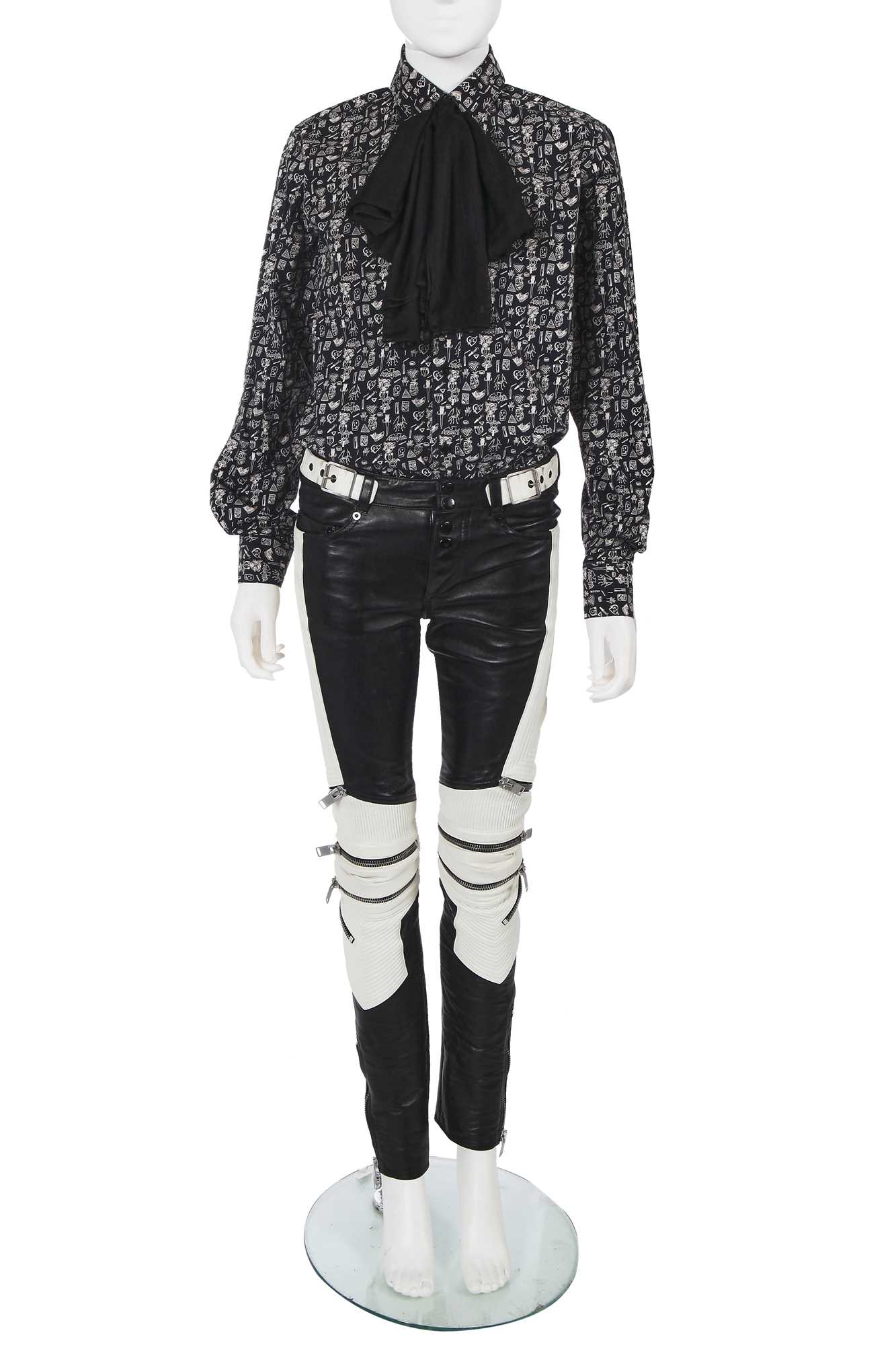 Lot 12 - A pair of Saint Laurent by Hedi Slimane men's black and white leather biker trousers, Autumn-Winter 2013-14