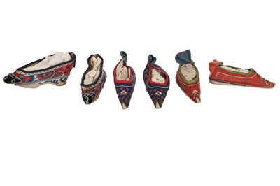 Lot 687 - Three pairs of Chinese silk shoes for bound feet, early 20th century