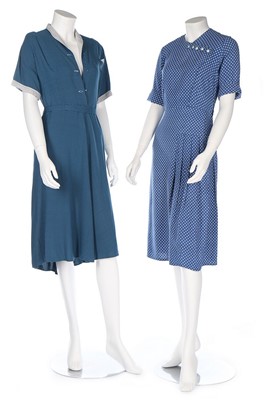 Lot 12 - Eleven day dresses, 1940s, including a blue...