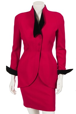 Lot 364 - A Thierry Mugler strawberry red piqué cotton suit, 1990s