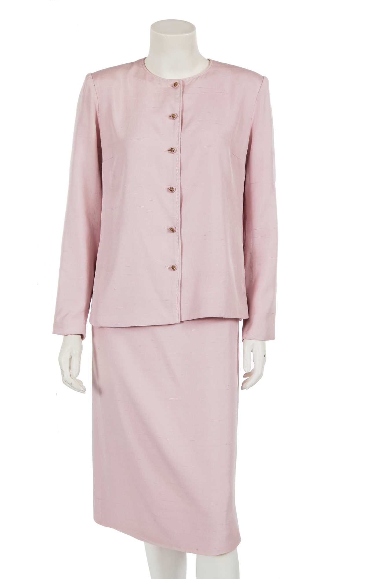 Lot 242 - A Chanel by Philippe Guibourge pink slubbed silk suit, 1970s