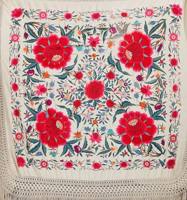 Lot 689 - An embroidered ivory silk shawl, Cantonese for the European market, 1920s