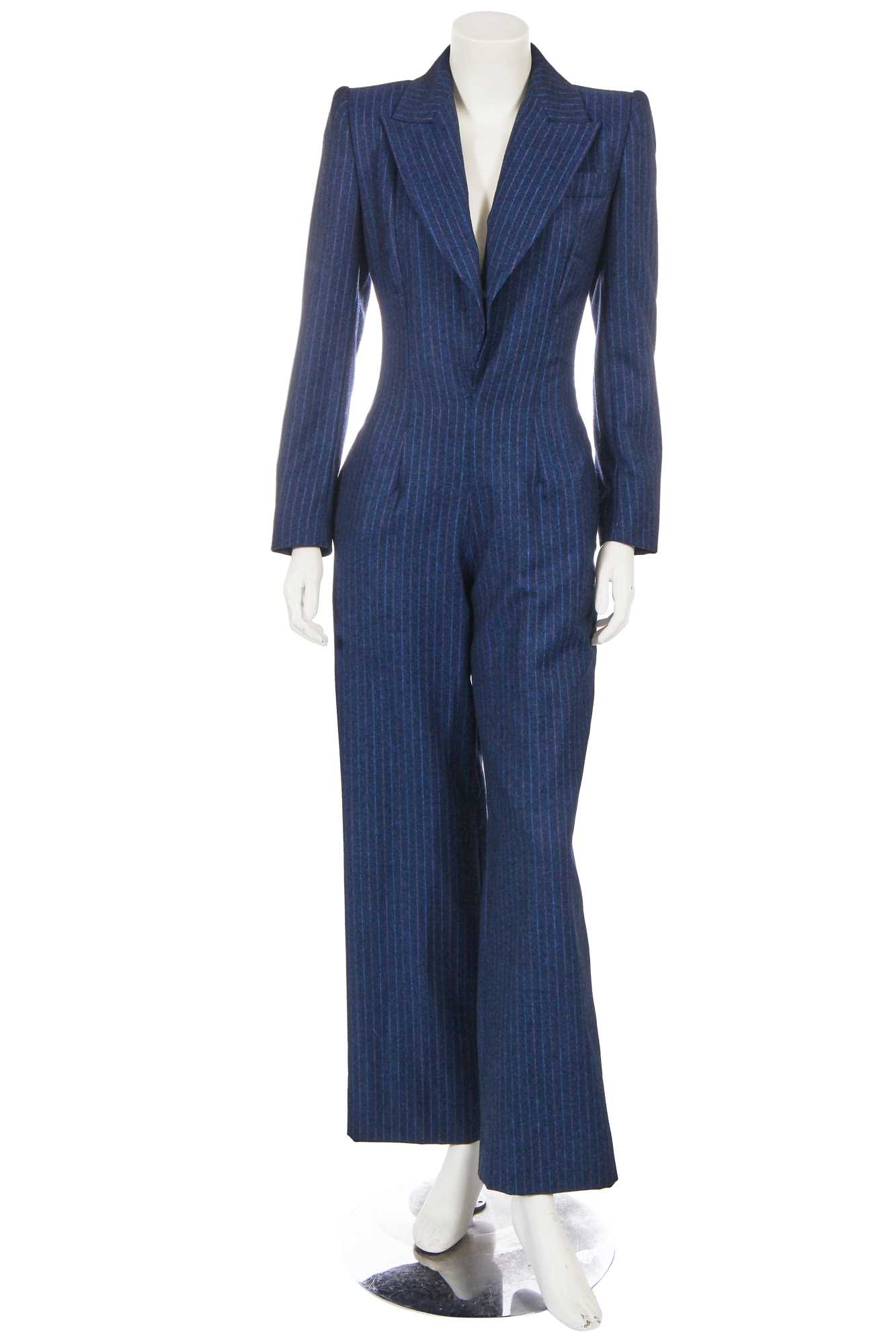 Lot 303 - A Givenchy by Alexander McQueen blue and white pinstripe wool jumpsuit, commercial collection 1998