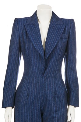 Lot 303 - A Givenchy by Alexander McQueen blue and white pinstripe wool jumpsuit, commercial collection 1998