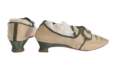 Lot 527 - A pair of embroidered ivory felted wool shoes, 1770s