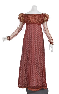 Lot 542 - A burgundy leno and satin day dress, circa 1820