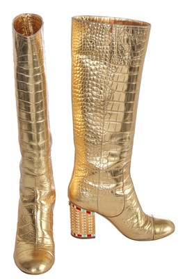 Lot 6 - A pair of Chanel by Karl Lagerfeld gold croc-embossed knee-high leather boots, 'Egyptomania' collection, Métiers d'Art, Pre-Fall 2019