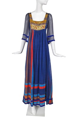 Lot 379 - A Thea Porter blue and gold cotton dress, early 1970s