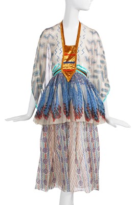 Lot 295 - A Zandra Rhodes 'Sparkle/Feather' printed silk chiffon dress, 'Elizabethan Slashed Silk' collection, Spring-Summer 1971