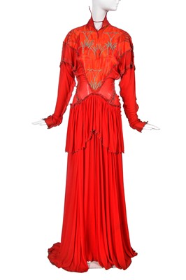 Lot 300 - A Zandra Rhodes orange jersey and satin dress, 'The Lily' collection, Autumn-Winter 1972-73
