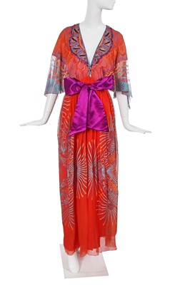 Lot 324 - A Zandra Rhodes printed chiffon dress, 'Mexican' collection, Autumm-Winter 1976-77