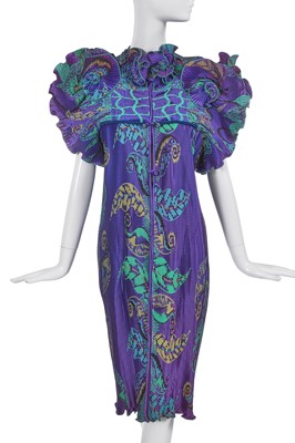 Lot 340 - A Zandra Rhodes pleated satin coat dress, 'African' collection, Spring-Summer 1981