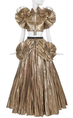 Lot 341 - A Zandra Rhodes pleated gold lame ensemble, 'Renaissance/Gold' collection, Autumn-Winter 1981-82