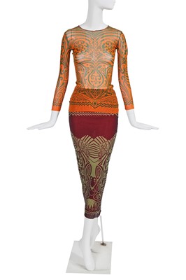 Lot 166 - A Jean Paul Gaultier tribal tattoo printed mesh two-piece ensemble, 'Cyberbaba' collection, Spring-Summer 1996