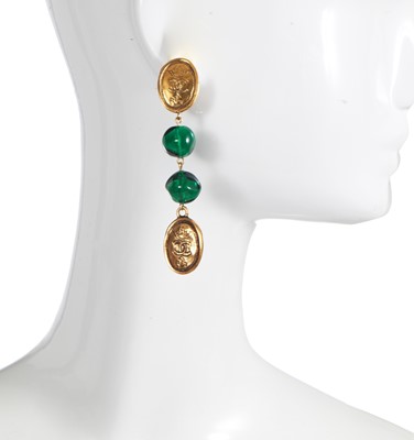 Lot 32 - A pair of Chanel gold-tone and green glass earrings, circa 1990