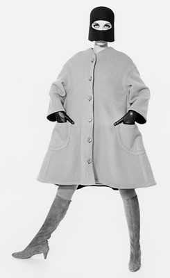 Lot 26 - Peggy Moffit's Rudi Gernreich camel and black wool reversible ensemble with wool helmet, Fall 1964