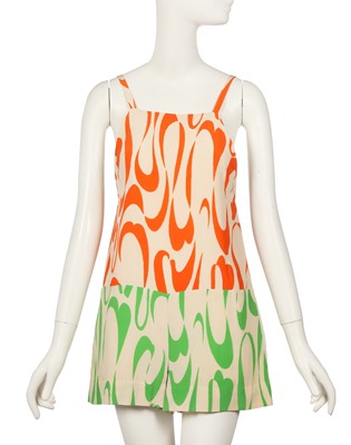 Lot 63 - Peggy Moffitt's Rudi Gernreich ivory, orange and green printed romper, probably Resort 1967