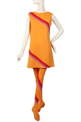 Lot 64 - Peggy Moffitt's Rudi Gernreich tangerine jersey mini dress and stockings, Fall 1967