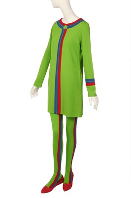 Lot 67 - Peggy Moffitt's Rudi Gernreich acid green jersey mini dress and stockings, Fall 1967