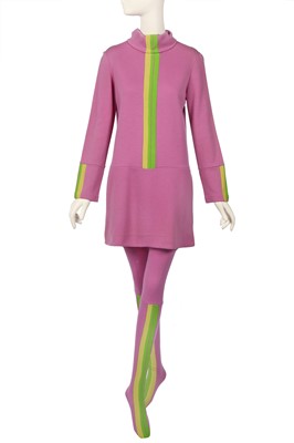 Lot 68 - Peggy Moffitt's Rudi Gernreich lilac and green jersey mini dress and stockings, Fall 1967