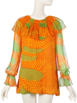 Lot 104 - Peggy Moffitt's Rudi Gernreich printed orange and green chiffon mini dress, Spring-Summer 1969
