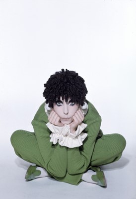 Lot 106 - Peggy Moffit's Rudi Gernreich bright green knitted ensemble and wig, Fall 1968