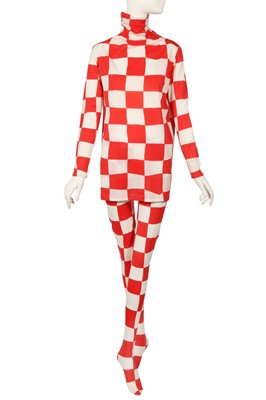 Lot 109 - Peggy Moffitt's Rudi Gernreich red and white checkerboard-printed Ban-Lon ensemble, circa 1968
