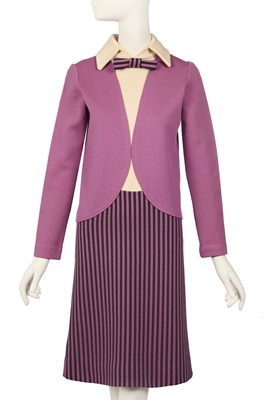 Lot 130 - Peggy Moffitt's Rudi Gernreich lilac striped trompe l'oeil 'Suit' dress, circa 1970