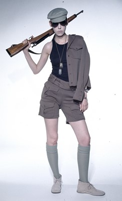 Lot 144 - Peggy Moffitt's Rudi Gernreich black and tan 'Back to School' ensemble, Resort 1971