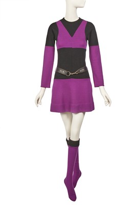 Lot 150 - Peggy Moffitt's Rudi Gernreich purple and black dress ensemble, Fall 1971