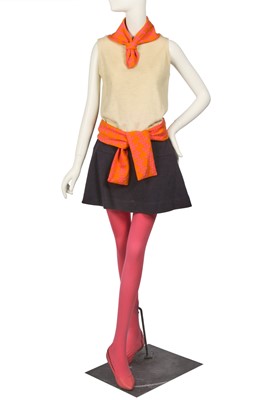 Lot 161 - Peggy Moffitt's Rudi Gernreich cream, navy, pink and orange knit ensemble, Spring 1973