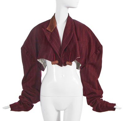 Lot 237 - A rare John Galliano pinstriped burgundy wool spencer jacket, 'The Ludic Game', collection Autumn-Winter 1985-86