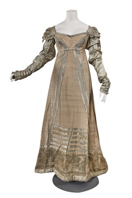 Lot 507 - A grey challis and blue satin evening gown, circa 1815