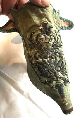 Lot 535 - A rare pair of high fashion silk damask shoes, French, 1720-30