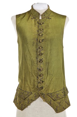 Lot 182 - An embroidered green silk coat and waistcoat, 1780s