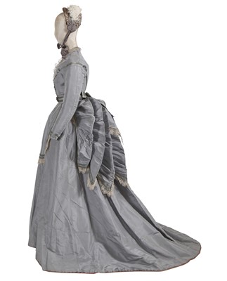 Lot 736 - A pale grey faille wedding dress and bonnet, late 1860s or early 1870s