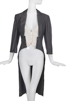 Lot 97 - An Alexander McQueen grey pinstriped ramie-blend tailcoat, 'It's Only a Game' collection, Spring-Summer 2005