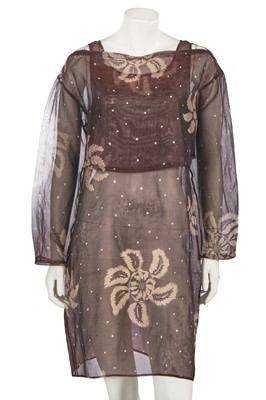 Lot 441 - An Issey Miyake printed brown silk organza ensemble, circa 1990